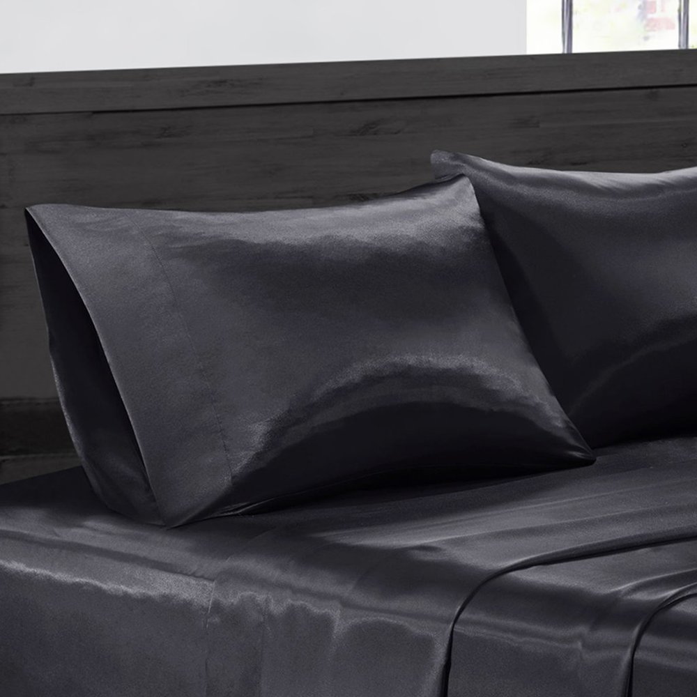 4-Piece:Ultra Soft Silky Satin Bed Sheet Set - BLACK - FULL SIZE